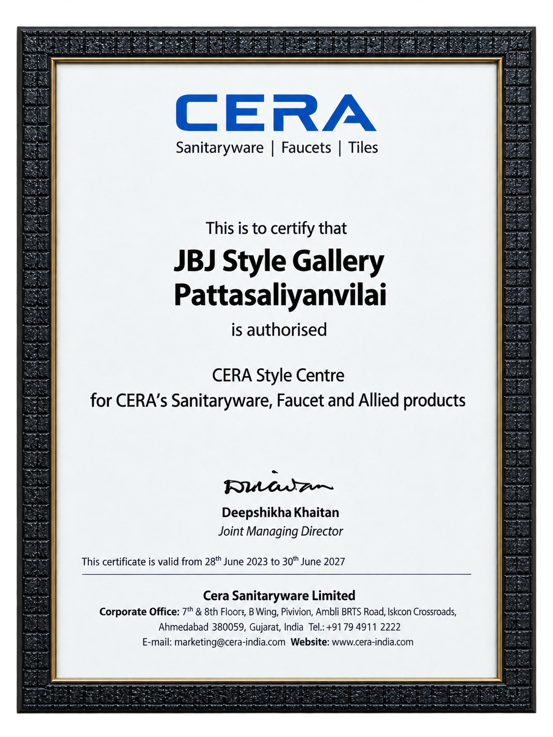 CERA Authorised Style Center Certificate